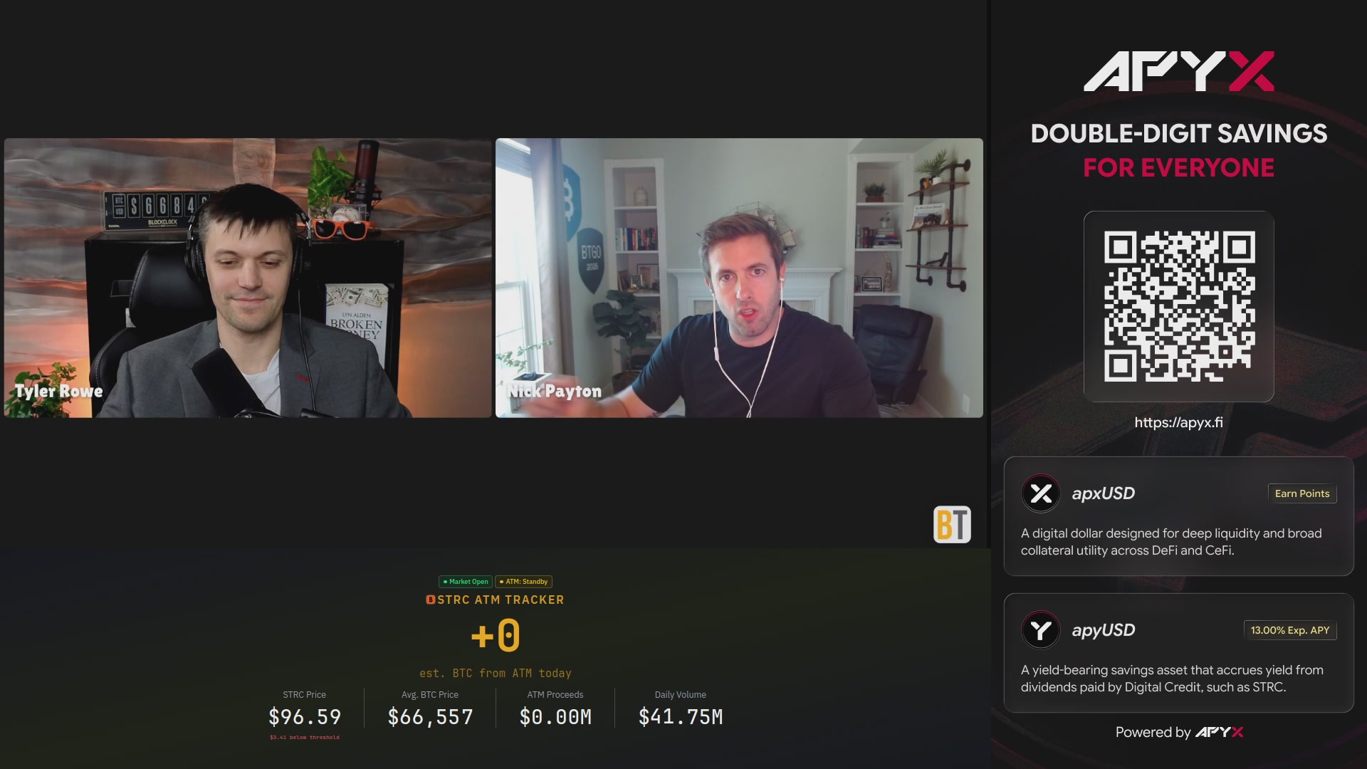 The image shows a computer screen displaying two men sitting at a desk, with one man wearing a black shirt and the other wearing a white shirt. The background of the image is black, making the two men stand out more prominently. There are also some text elements in the image that read "APYX", "Double-Digit Savings For Everyone", and "LIVE: Opening Bell w/ @NickDPayton".