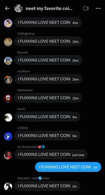 A chat room titled 'neet my favorite coi...' filled with members repeatedly posting the message 'I FUXKING LOVE NEET COIN'.