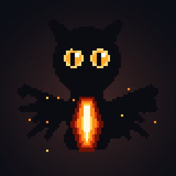 A pixel art illustration of a black cat with glowing yellow eyes holding a glowing orange orb.