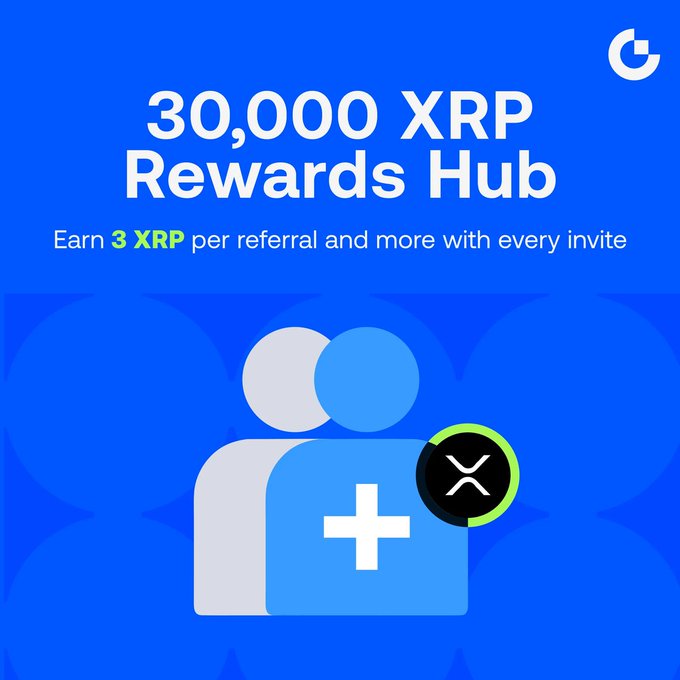 A promotional graphic with a blue background advertises a "30,000 XRP Rewards Hub," featuring a stylized icon of two people alongside the XRP logo. The text "Earn 3 XRP per referral and more with every invite" highlights the referral incentive program for inviting friends to open futures positions.