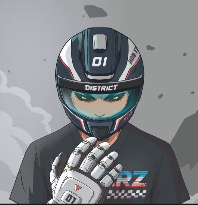 An anime-style illustration of a character wearing a futuristic 'DISTRICT 01' helmet and a 'RZ' shirt, with a robotic hand raised near their face.