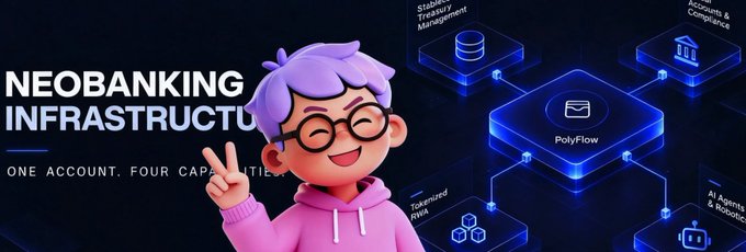 A 3D animated character with purple hair, glasses, and a pink hoodie makes a peace sign next to the text 'NEOBANKING INFRASTRUCTU...' and 'ONE ACCOUNT. FOUR CAPABILITIES' alongside a diagram showing 'PolyFlow' connected to various services.