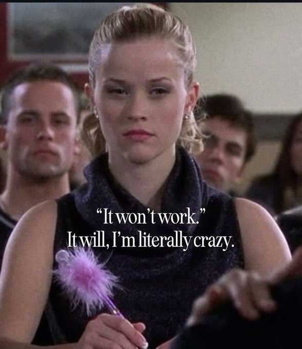 A still from a film shows a young woman holding a pink feather pen, with overlaid text reading: 'It won't work.' 'It will, I'm literally crazy.'