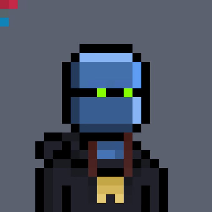 A pixel art character with a blue helmet, glowing green eyes, dark gray body, and yellow shorts standing against a gray background.
