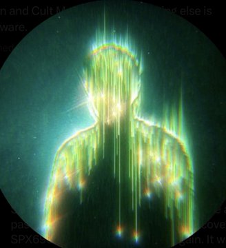 A glitchy, neon-green digital silhouette of a figure streams with vertical light trails against a dark, teal-tinted circular backdrop overlaid with faint text fragments like "aware" and "SPX," visually echoing the post's celebration of @maddox00000's unbroken 386-day streak of DCA'ing $1,000 daily into SPX6900.