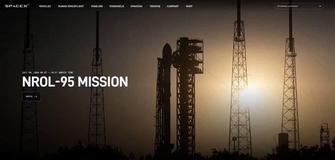 The image shows a silhouette of a SpaceX Falcon 9 rocket on a launch pad at sunset, with text overlay promoting the "NROL-95 MISSION" scheduled for "JULY 26, 2025, 05:27 - 10:21 GREECE TIME" and the SpaceX website link, teasing the animal emblem reveal mentioned in the post.