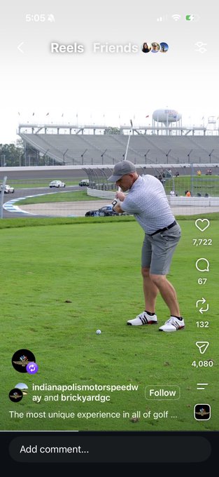 A screenshot of an Instagram Reel showing a golfer at Indianapolis Motor Speedway, posted by 'indianapolismotorspeedway and brickyardgc', captioned 'The most unique experience in all of golf ...'.