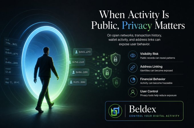 A digital ad for Beldex with the headline "When Activity Is Public, Privacy Matters," highlighting risks like visibility risk, address linking, and financial behavior, with the tagline "Control Your Digital Activity."