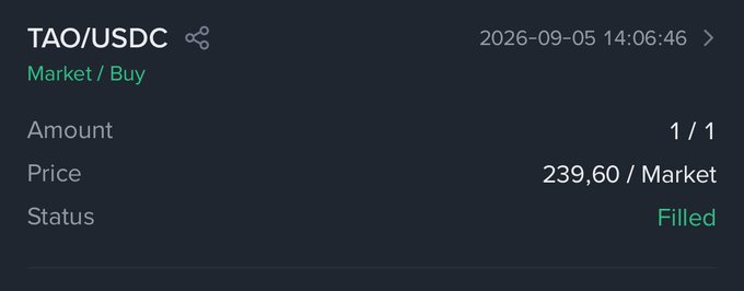 A cryptocurrency trading confirmation screen for 'TAO/USDC' showing a Market/Buy order for 1 unit at a price of 239.60, marked as 'Filled' on 2026-09-05 at 14:06:46.