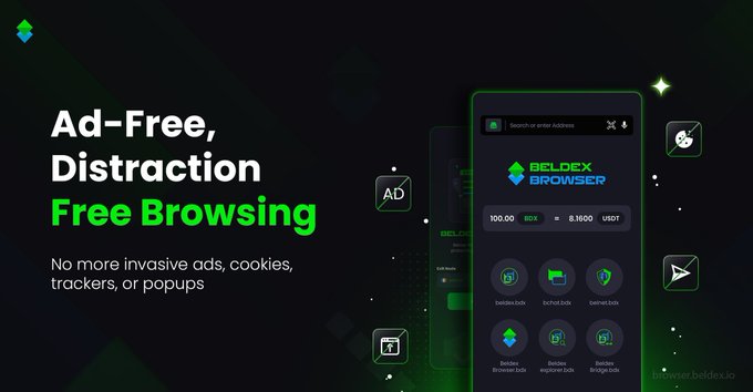 The graphic showcases Beldex Browser, featuring "Ad-Free, Distraction Free Browsing" with a sleek dark interface displaying 100.00 BDX valued at 8.1800 USDT alongside various dApp options like Beldex BNB and Beldex Bridge.

The image directly supports the post's message by visually reinforcing the concept of controlled, private browsing—highlighting how Beldex's ecosystem (BelNet and Beldex Browser) minimizes unnecessary exposure to ads, trackers, and popups, aligning with the privacy-focused theme.