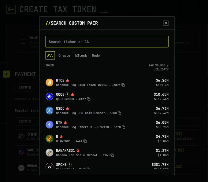 A dark-themed "Search Custom Pair" modal displays a ticker search bar with category filters (All, Crypto, bStock, Ondo) and a list of tokens including BTCB ($6.26M), QQQB ($10.65M), USDC ($6.73M), ETH ($6.05M), B ($4.72M), BANANAS31 ($1.27M), and SPCXB ($381.78K), each showing 24h volume and liquidity figures alongside their contract addresses—directly illustrating the new features described in the post.