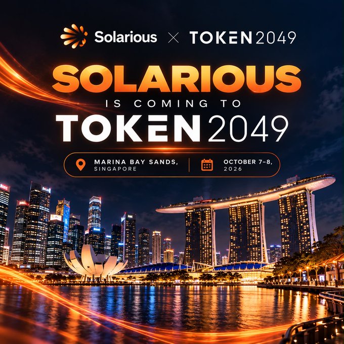 The image is a vibrant event announcement featuring a nighttime Singapore skyline with Marina Bay Sands and the ArtScience Museum, promoting "Solarious is coming to TOKEN2049" at Marina Bay Sands, Singapore on October 7-8, 2026. The post complements the visual by sharing that the Solarious team will be attending TOKEN2049 Singapore to connect with Web3 builders, projects, and attendees.
