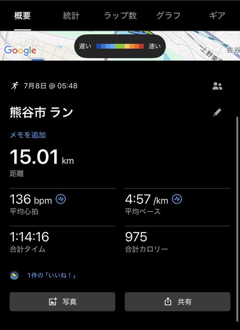 A Japanese running app summary for a July 8 run titled '熊谷市 ラン' showing 15.01 km at 4:57/km pace, average heart rate 136 bpm, total time 1:14:16, and 975 calories burned.