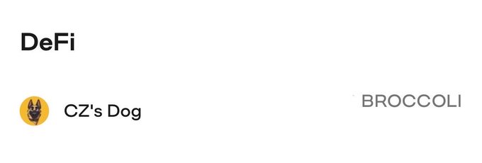 A simple graphic displays the 'DeFi' header above two items: 'CZ's Dog' with a dog profile icon and the text 'BROCCOLI'.