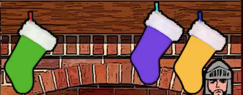 Three colorful Christmas stockings—green, purple, and yellow—hang above a brick fireplace beside a knight's helmet, symbolizing the three cryptocurrencies (BTC, XRP, and USD) featured as the only ones on this year's crypto "mantelpiece."