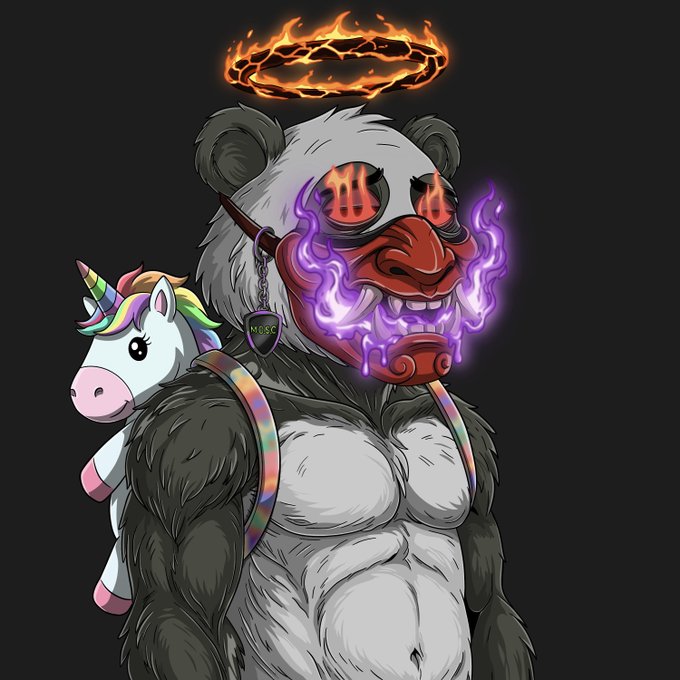 An anime-style illustration of a menacing panda character with a flaming halo, glowing red eyes, purple flame breath, and a unicorn plush on its back.
