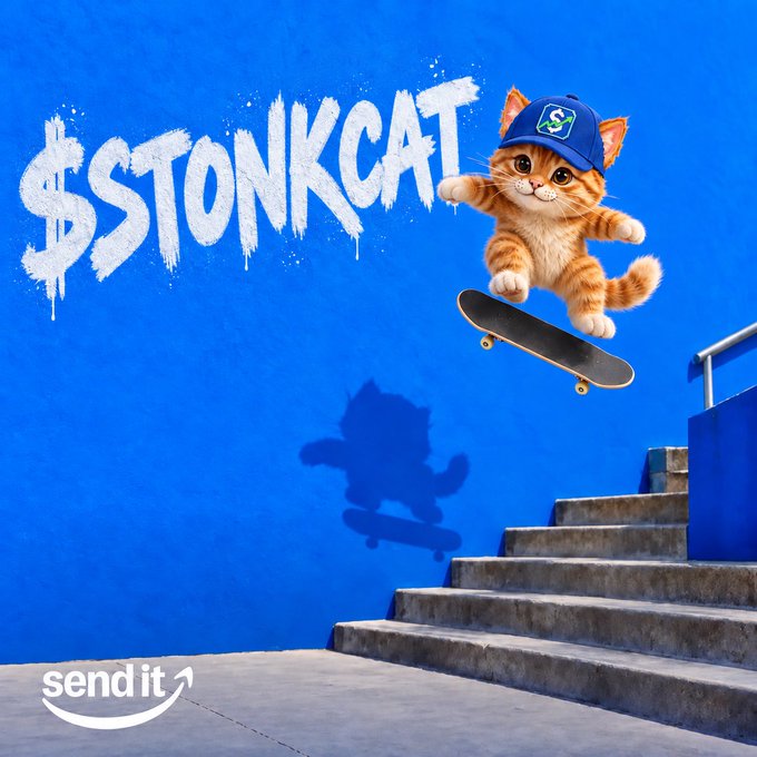 An animated orange tabby cat wearing a blue cap performs a skateboard trick in mid-air against a vibrant blue wall featuring "$STONKCAT" graffiti text and the Amazon "send it" logo. The image playfully aligns with the post by promoting the "send it" and "StonksDCAT" tickers through a high-energy skateboarding stunt.