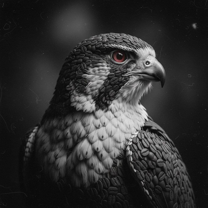 A detailed black and white portrait of a bird of prey with a striking red eye, showcasing intricate feather textures against a dark, atmospheric background.