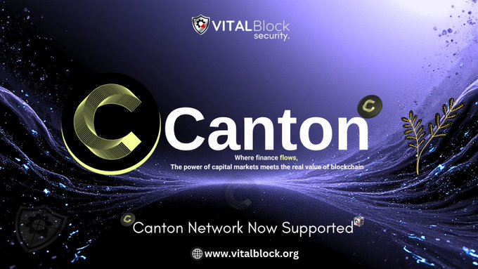 A promotional graphic from VitalBlock Security announces "Canton Network Now Supported," featuring the Canton's gold "C" logo and its tagline "Where finance flows. The power of capital markets meets the real value of blockchain," set against a deep purple cosmic backdrop. The announcement at www.vitalblock.org corresponds with VitalBlock Security expanding its audit services to include Canton Network, aligning with the post's message about Canton powering institutional-grade blockchain infrastructure for global financial institutions.