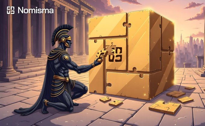 The image depicts a Roman gladiator kneeling before a large golden cube marked with the "Nomisma" logo, set against an ancient Greek temple backdrop, symbolizing strength, security, and foundational value. The accompanying text highlights Nomisma Network's mission to build a decentralized ecosystem centered on secure digital identity, Web3 innovation, and community-driven growth, with the golden cube representing the platform's role as a secure and reliable foundation in the blockchain space.