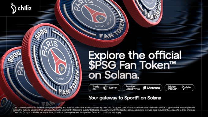 The image features a poster for PSG Fan Tokens, which are digital tokens that can be used as a form of payment or exchange for goods and services within the PSG community. The poster includes four PSG fan tokens with different designs and colors, each representing a specific country - Paris, Spain, and the United States. The text on the poster encourages users to explore the official PSG Fan Tokens on Solana, providing information about how these tokens can be used for trading or purchasing within the PSG community.