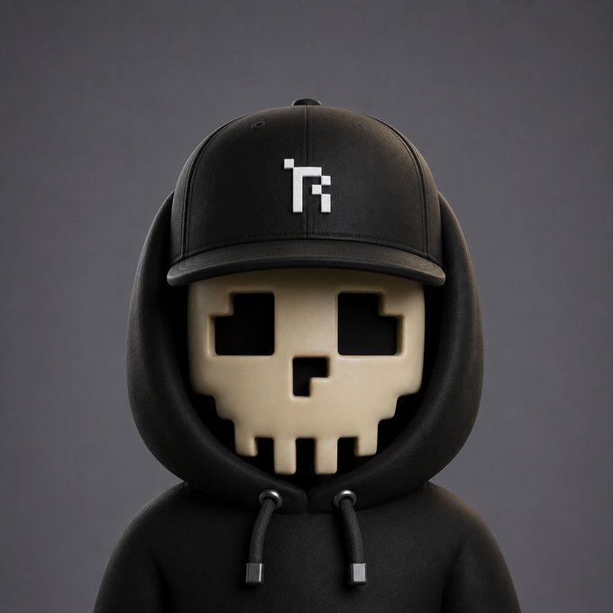 A stylized character wearing a black cap featuring the "R" logo and a black hoodie displays a pixelated skull face mask, embodying the edgy mascot aesthetic of RockGuardians. The rock-hard skull imagery ties directly to the "G #Rocks" branding and the post's trading-themed message about resilience and perfect exits.
