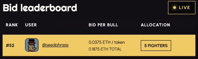 A bid leaderboard screenshot showing user @seedphrase ranked #52 with a bid of 0.0375 ETH per bull (0.1875 ETH total) for 5 fighters, displayed under a "LIVE" indicator. The image appears to showcase a bid placed on Fortune Foes, visually supporting the post's message about backing builders who support the Wolf Game community.