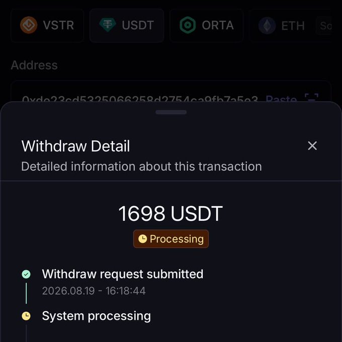 A "Withdraw Detail" modal shows a **1698 USDT** transaction in "Processing" status, with the withdrawal request submitted on 2026.08.19 at 16:18:44 and currently undergoing "System processing."

The image relates to the post by displaying the USDT withdrawal being processed, likely representing the profits cashed out from selling $GIBI tokens at around 5x during the presale — converting trading gains into a tangible fiat withdrawal.