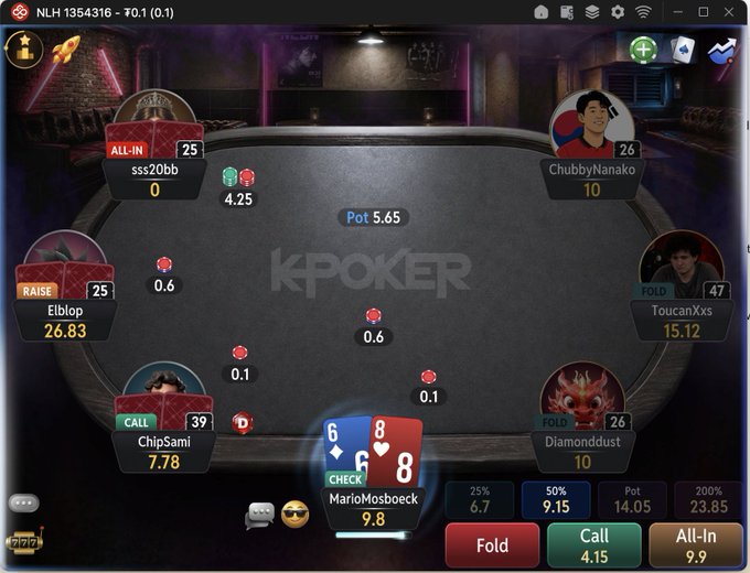 A screenshot of an NLH (No-Limit Hold'em) poker game on CoinPoker's K-Poker platform, showing player "MarioMosboeck" with pocket sixes (6♥6♥) facing a check from "ChipSami" with an 8♥8♥ flop, while "sss20bb" goes all-in for 25 and "Elblop" raises to 25, with the pot at 5.65 and a 9.8 stack highlighted at the bottom. The interface displays the unique K-Poker format featuring a 1bb ante from each player, as evidenced by the small chip stacks (0.1-0.6) scattered across the table from every player posting antes before the hand begins.