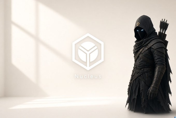 A hooded archer character in dark robes with a quiver of arrows on their back stands beside a hexagonal logo with the word 'Nucleus' below it in a minimalist white setting.
