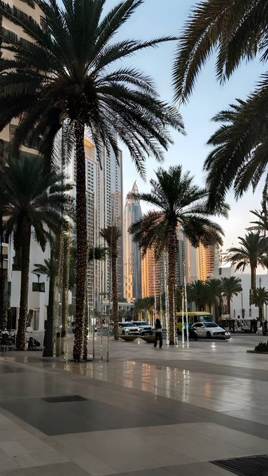 A scenic view of a palm tree-lined promenade in a modern city, likely Dubai, with tall skyscrapers visible in the background at sunset.