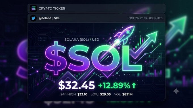 A digital crypto ticker displays Solana (SOL) at $32.45, showing a +12.89% increase with a 24h high of $33.10, low of $29.05, and volume of $891M as of OCT 26, 2023.