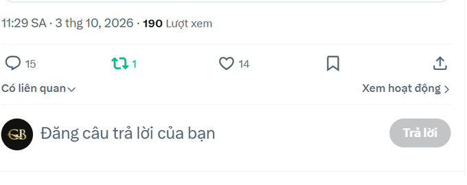 A screenshot of a social media post interface in Vietnamese, dated October 3, 2026, showing 190 views, 15 comments, 14 likes, and a reply prompt 'Đăng câu trả lời của bạn'.