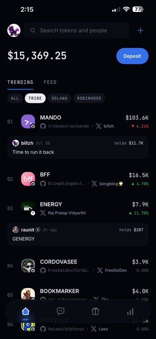 A mobile crypto app screenshot showing a portfolio balance of $15,369.25 with a trending feed featuring tokens like MANDO, BFF, ENERGY, CORDOVASEE, BOOKMARKER, and PUFFYX.