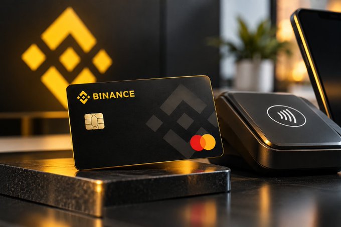 A black Binance credit/debit card with the gold Binance logo sits on a sleek surface next to a contactless payment terminal, illustrating the post's point that crypto can be used for everyday purchases rather than just trading or holding.