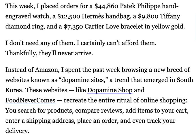 A text excerpt describes ordering luxury items including a $44,860 Patek Philippe watch, a $12,500 Hermès handbag, a $9,800 Tiffany diamond ring, and a $7,350 Cartier Love bracelet on "dopamine sites" like Dopamine Shop and FoodNeverComes.