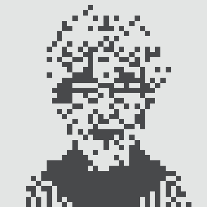 A pixel art portrait of a figure with fragmented/dispersed head elements on a white background.