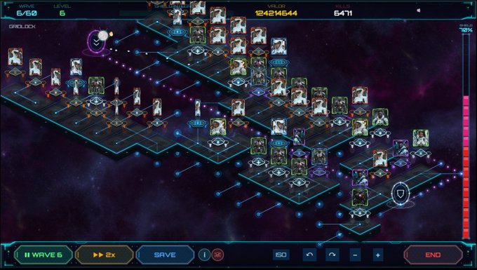 A screenshot of a space-themed strategy game interface showing numerous character icons on a grid, with text including 'WAVE 6/60,' 'LEVEL 6,' and '12424644'.