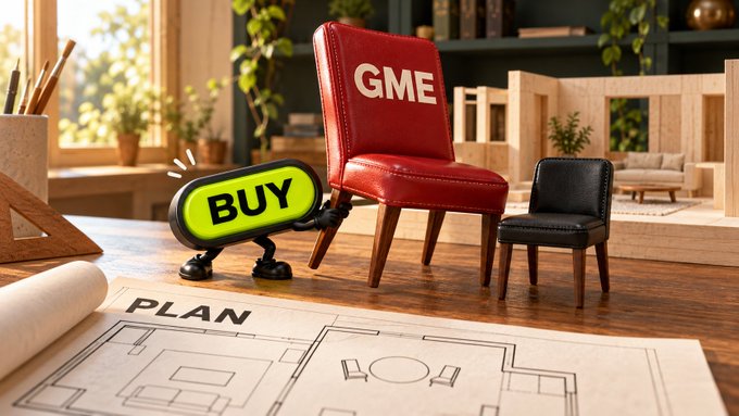 A miniature diorama scene showing a red chair labeled 'GME' and a 'BUY' button, with architectural plans spread out on a wooden table.