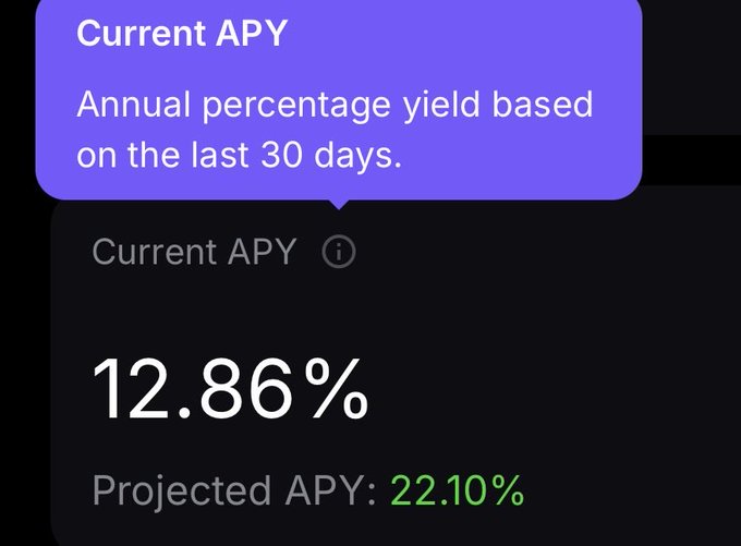 Crypto app interface showing 'Current APY' at 12.86% with a 'Projected APY' of 22.10%, based on the last 30 days.