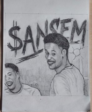 A pencil sketch portrait of two smiling men in front of bold text reading '$ANEM', with one figure giving a thumbs-up.