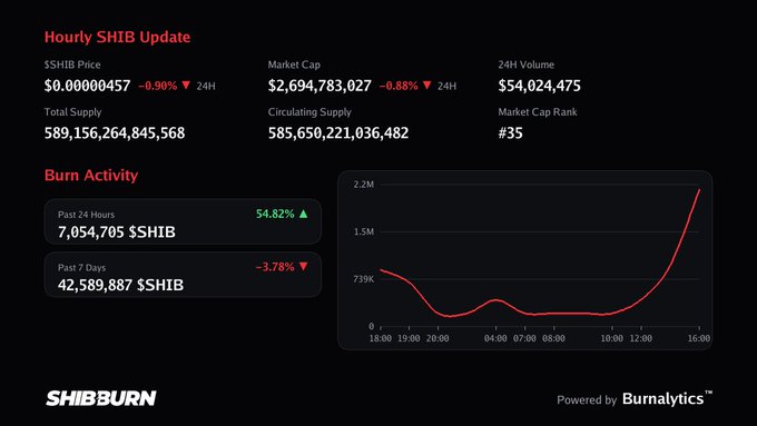 A dark-themed cryptocurrency dashboard titled "Hourly SHIB Update" displaying SHIB price, market cap, and a "Burn Activity" graph from SHIBBURN powered by Burnalytics.