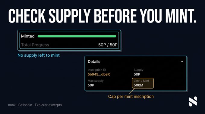 A graphic titled 'CHECK SUPPLY BEFORE YOU MINT' showing a progress bar at 50P/50P with 'No supply left to mint', plus inscription details for Inscription ID 5b949...dbei0' showing a 500M limit per inscription.