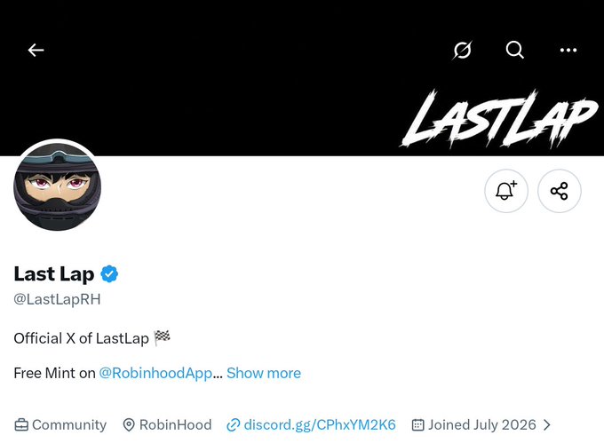 Twitter/X profile page for 'Last Lap' (@LastLapRH), verified account marked as 'Official X of LastLap' with a checkered flag emoji and Free Mint on RobinHood.