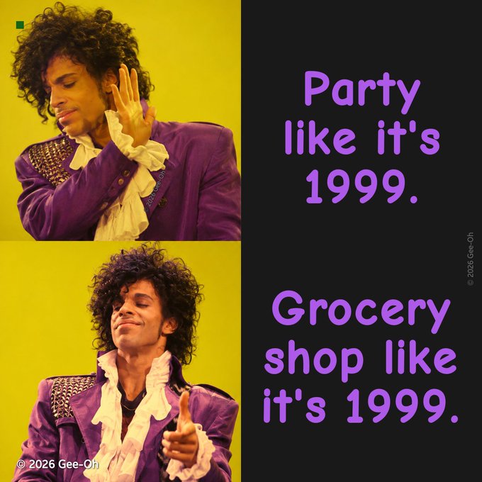 A meme image features two photos of Prince in a purple jacket against a yellow background, with text reading 'Party like it's 1999.' and 'Grocery shop like it's 1999.'