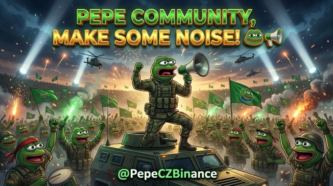 A Pepe the Frog meme image showing an army of frogs with the text 'PEPE COMMUNITY, MAKE SOME NOISE!' and '@PepeCZBinance' at the bottom.