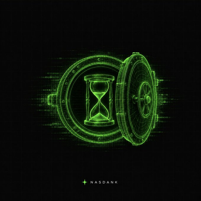 A green wireframe digital illustration of a vault door revealing an hourglass inside, with the NASDANK logo at the bottom.