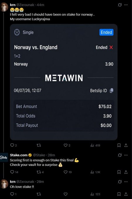 A Twitter user named @Zxrounak (Luckyrajma) shares a lost Norway vs. England bet on Stake.com, where they wagered $75.02 on Norway to win at 3.90 odds but received $0.00 payout, followed by Stake.com's tweet offering a vault for first-goal scorers—illustrating how Stake rewards bettors beyond just final outcomes.