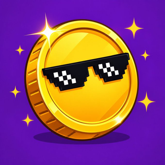 A digital illustration of a gold coin featuring pixelated "thug life" sunglasses on a purple background with sparkles.