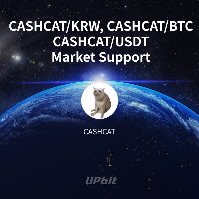 A promotional graphic for 'CASHCAT/KRW, CASHCAT/BTC CASHCAT/USDT Market Support' on the UPbit exchange, featuring a circular image of an orange tabby cat over a backdrop of Earth from space.